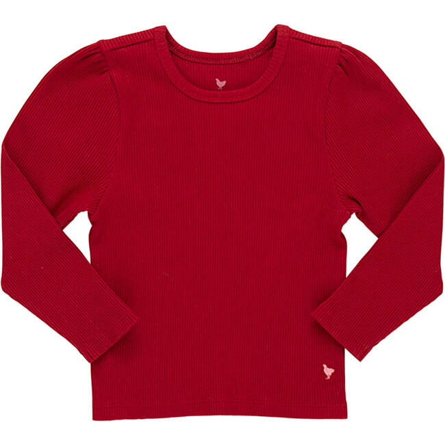 Organic Camellia Ribbed Ruched Shoulder Long Sleeve Top, Chili Pepper