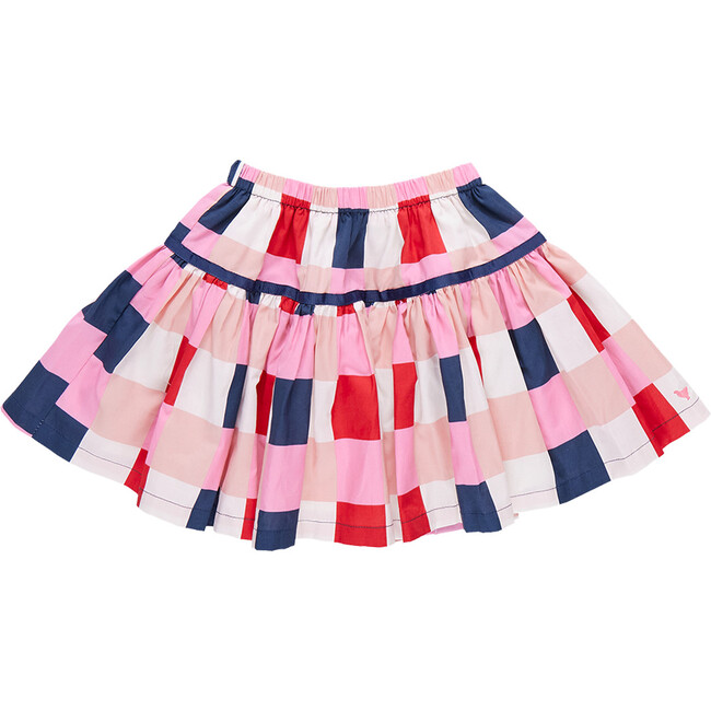 Maribelle Checkered Elastic Waist Tiered Skater Skirt, Navy & Red