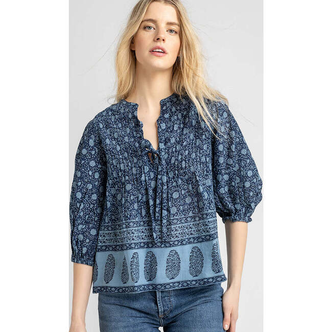 Women's Pintuck Indira V-Neck Puff sleeve Top, Navy Garden Floral