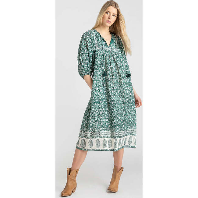 Women's Sanaa Contrast Border Print Puff Sleeve Dress, Green Garden Floral