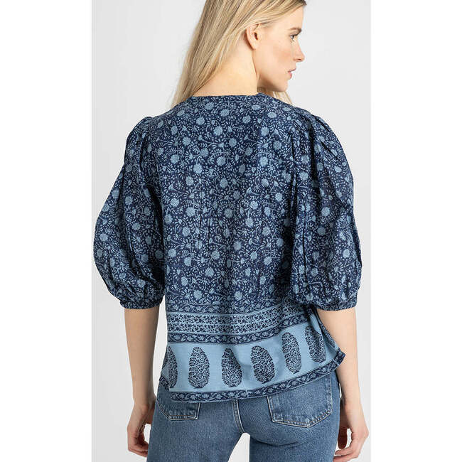 Women's Pintuck Indira V-Neck Puff sleeve Top, Navy Garden Floral - Shirts - 3