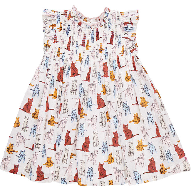 Stevie Ruffle Neck Smocked Dress, Tabby Cats