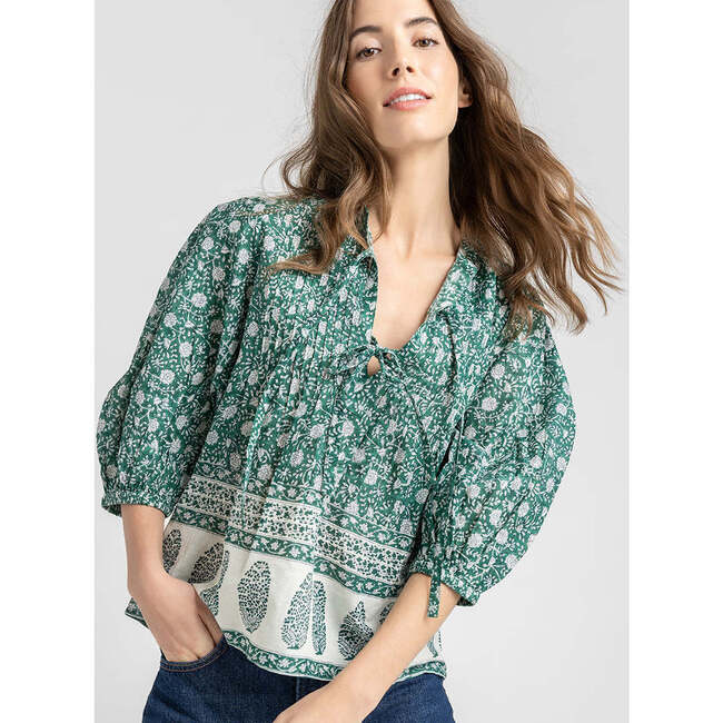 Women's Pintuck Indira V-Neck Puff sleeve Top, Green Garden Floral