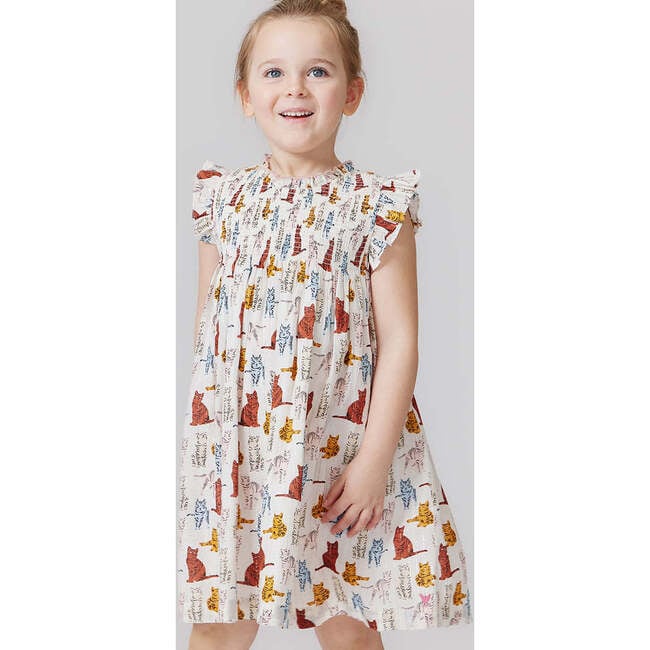 Stevie Ruffle Neck Smocked Dress, Tabby Cats - Dresses - 2