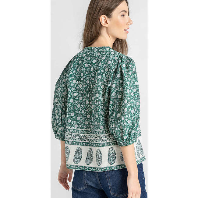 Women's Pintuck Indira V-Neck Puff sleeve Top, Green Garden Floral - Shirts - 3