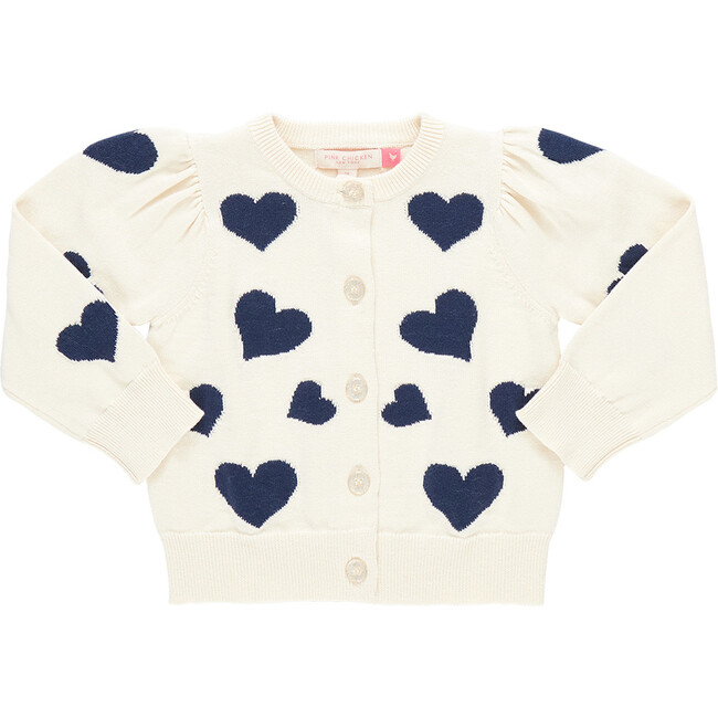 Girls Constance Puff Shoulder Glitter Button Sweater, Navy Tossed Hearts