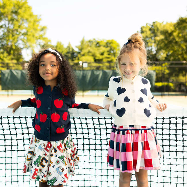 Girls Constance Puff Shoulder Glitter Button Sweater, Navy Tossed Hearts - Sweaters - 2