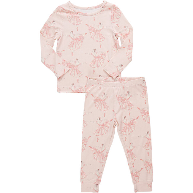 Girls Bamboo Long Sleeve Top & Elastic Waist Pajama Set, Pink Ballerinas