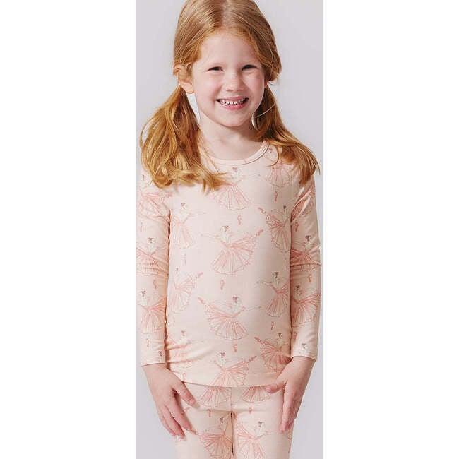 Girls Bamboo Long Sleeve Top & Elastic Waist Pajama Set, Pink Ballerinas - Pajamas - 2