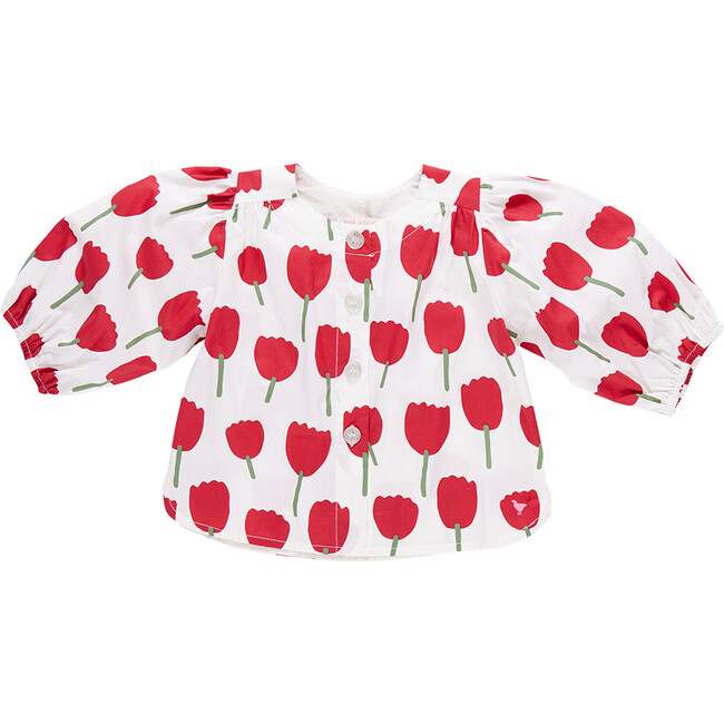 Brooke 3-Quarter Gathered Puff Sleeve Buttoned Top, Red Tulips