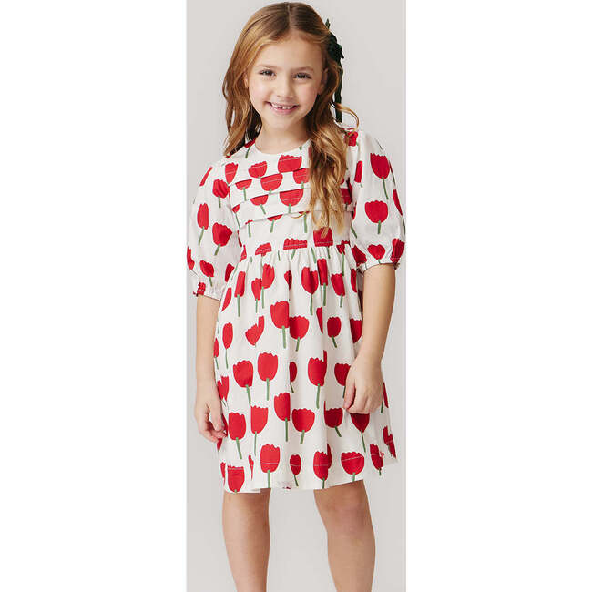 Evelyn Elastic Puff Sleeve Pleat Dress, Red Tulips - Dresses - 2