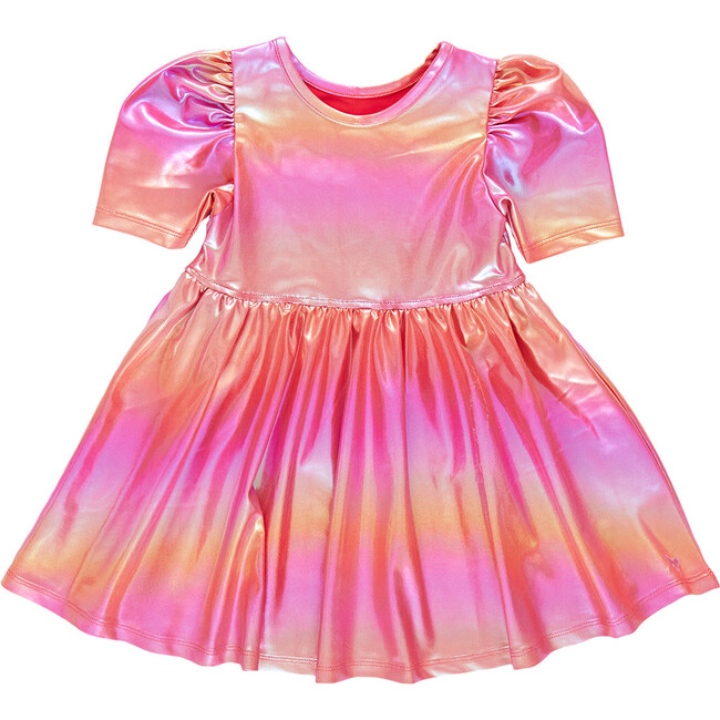 Lame Laurie Short Puff Sleeve Dress, Rainbow Pink Lame