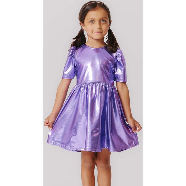 Lame Laurie Scoop Neck Short Puff Sleeve Dress, Purple Sparkle - Dresses - 2