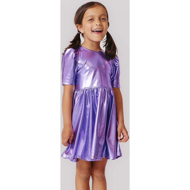 Lame Laurie Scoop Neck Short Puff Sleeve Dress, Purple Sparkle - Dresses - 4