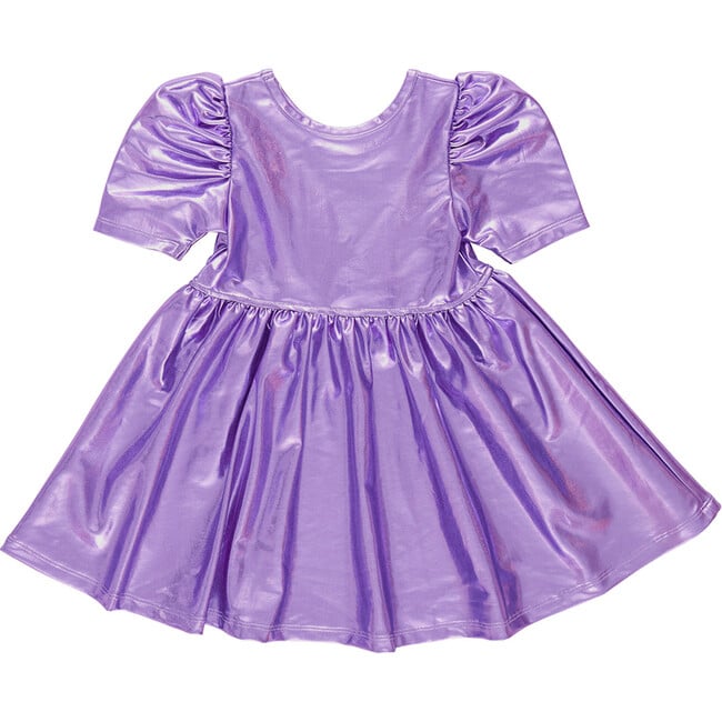 Lame Laurie Scoop Neck Short Puff Sleeve Dress, Purple Sparkle - Dresses - 6