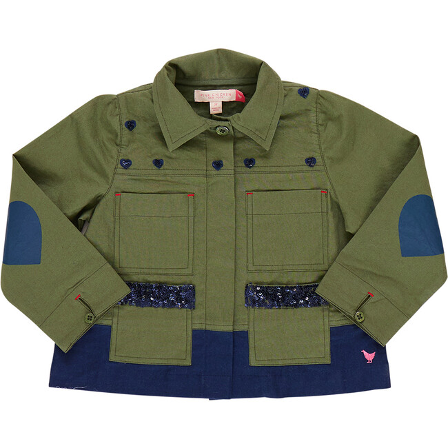 Girls Wylie Embroidered Front Button Jacket, Army Green