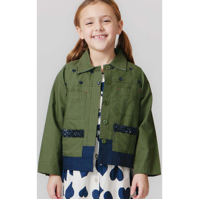 Girls Wylie Embroidered Front Button Jacket, Army Green - Jackets - 2