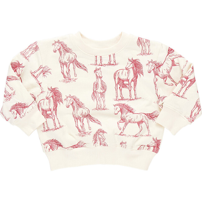 Girls Organic Terry Crew Neck Long Sleeve Sweatshirt, Vintage Rose Horses