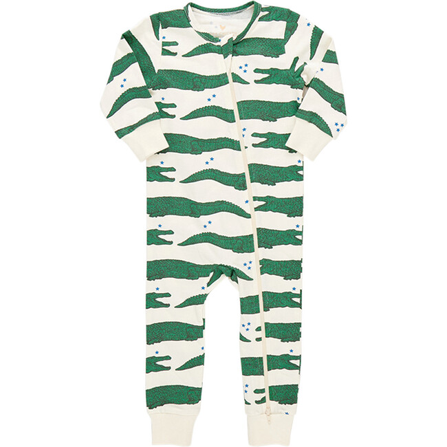 Baby's Organic Long Sleeve Zipper Romper, Crocodile Stars