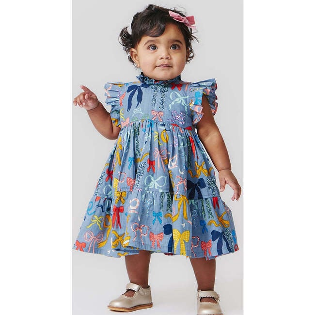 Baby Girls Jennifer Ruffle Neck Dress Set, Bows On Bows - Dresses - 2