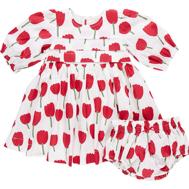 Baby Girls Elastic Puff Sleeve Pleat Dress Set, Red Tulips