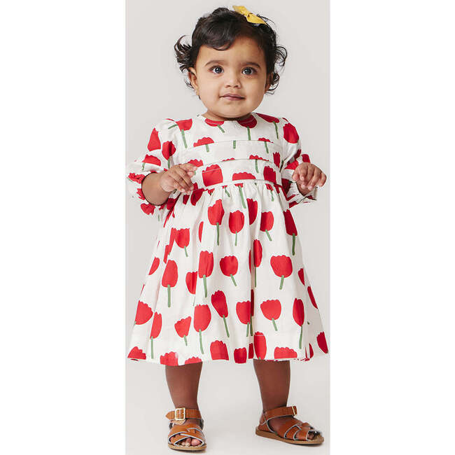 Baby Girls Elastic Puff Sleeve Pleat Dress Set, Red Tulips - Dresses - 2