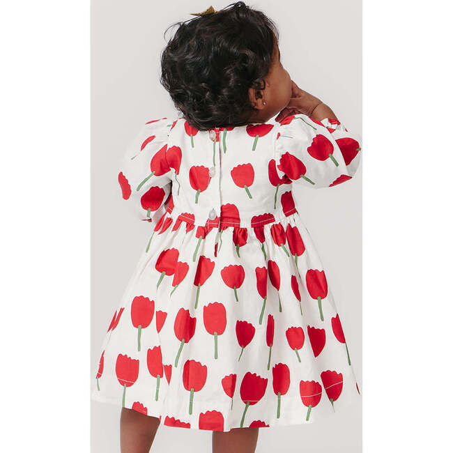 Baby Girls Elastic Puff Sleeve Pleat Dress Set, Red Tulips - Dresses - 4