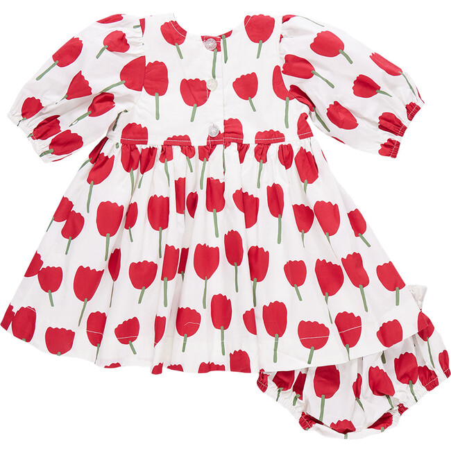 Baby Girls Elastic Puff Sleeve Pleat Dress Set, Red Tulips - Dresses - 6