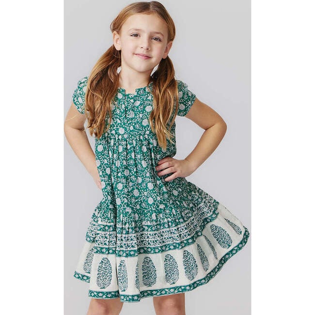 Adele 3-Quarter Puff Sleeve Snap Closure Dress, Green Garden Floral - Dresses - 2