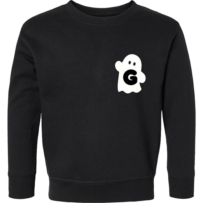 Kids Waving Ghost Initial At Side Sweatshirt, Black & White