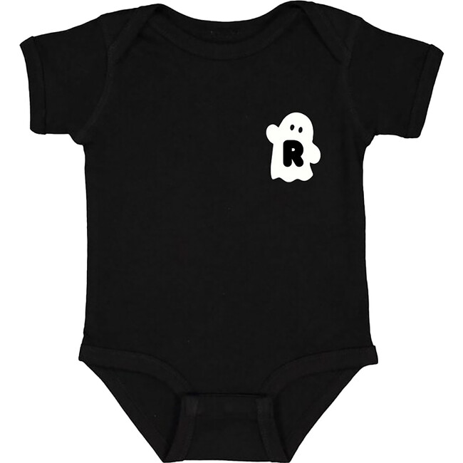 Baby Waving Ghost Initial At Side Short Sleeve Bodysuit, Black & White