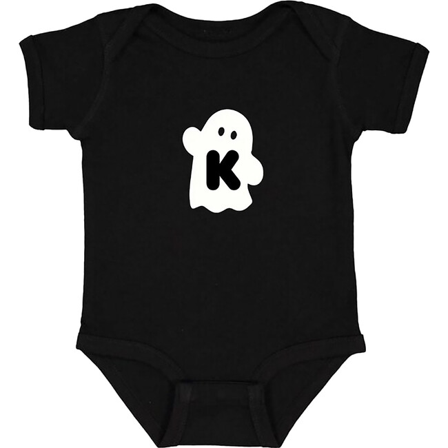 Baby Waving Ghost Initial At Center Short Sleeve Bodysuit, Black & White