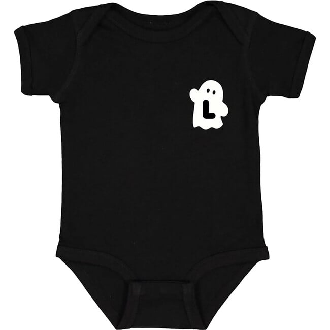 Baby Waving Ghost Initial At Side Short Sleeve Bodysuit, Black & White - Onesies - 2