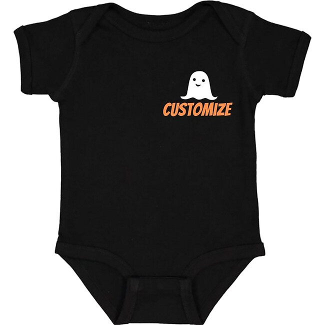 Baby Personalized Text & Ghost At Top Short Sleeve Bodysuit, Black & Orange