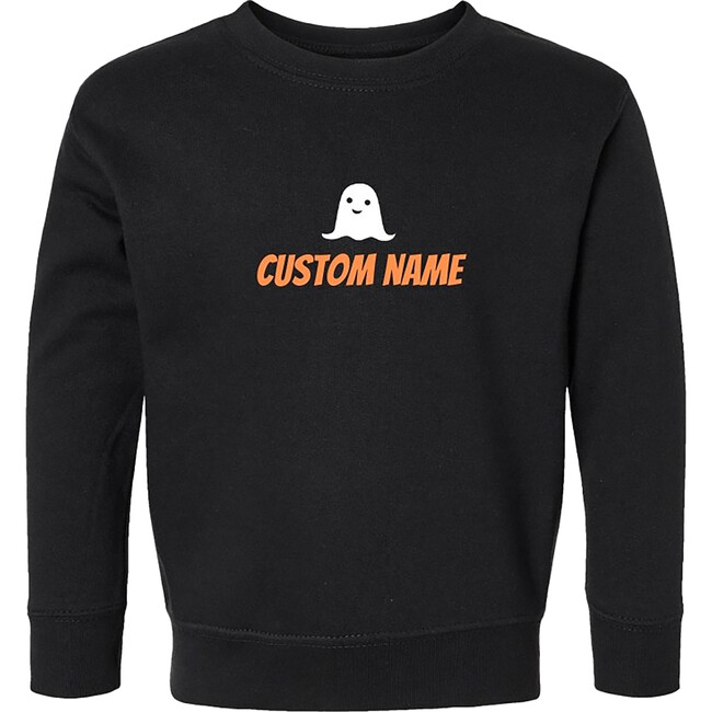 Kids Personalized Text & Ghost At Center Sweatshirt, Black & Orange