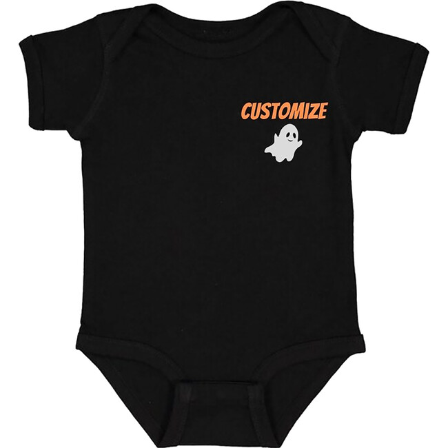 Baby Personalized Text & Ghost At Bottom Short Sleeve Bodysuit, Black & Orange