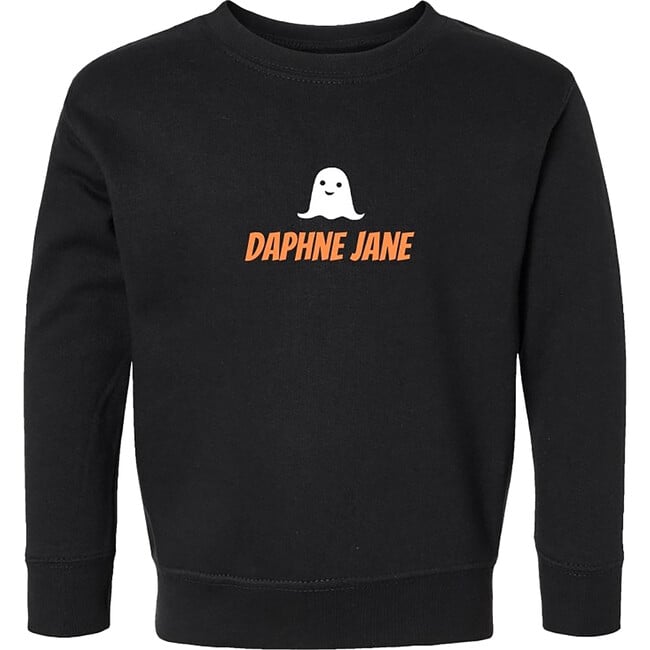 Kids Personalized Text & Ghost At Center Sweatshirt, Black & Orange - Sweatshirts - 2