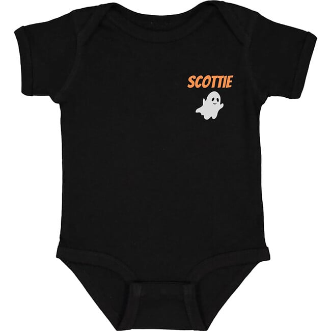 Baby Personalized Text & Ghost At Bottom Short Sleeve Bodysuit, Black & Orange - Onesies - 2