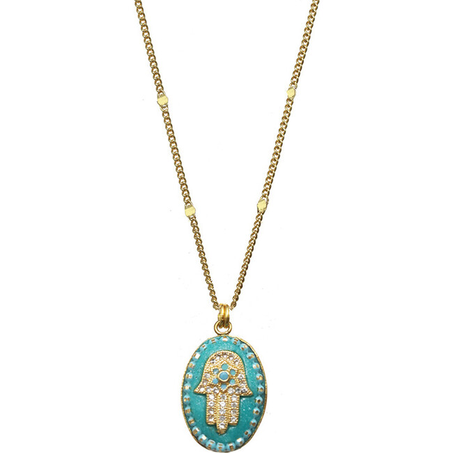 Turquoise Crystal Hamsa Oval Necklace