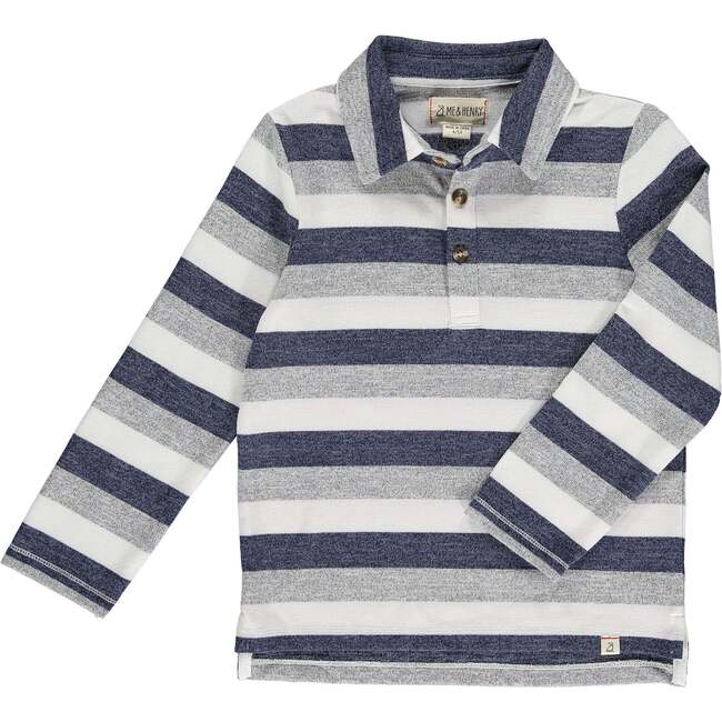 Harry Knitted Striped Long Sleeve Polo Shirt, Blue, Grey & White