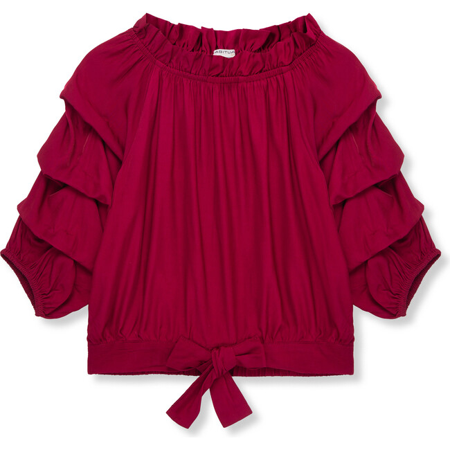 Joyce Woven Elastic Neck Bow Front Gathered Top, Burgundy