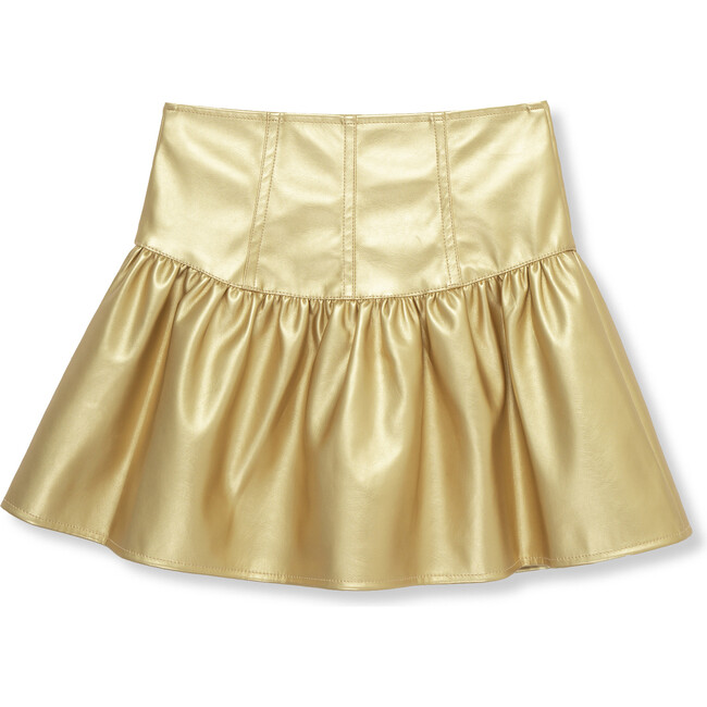 Metallic Faux Leather Front Snap Skirt, Gold - Skirts - 2