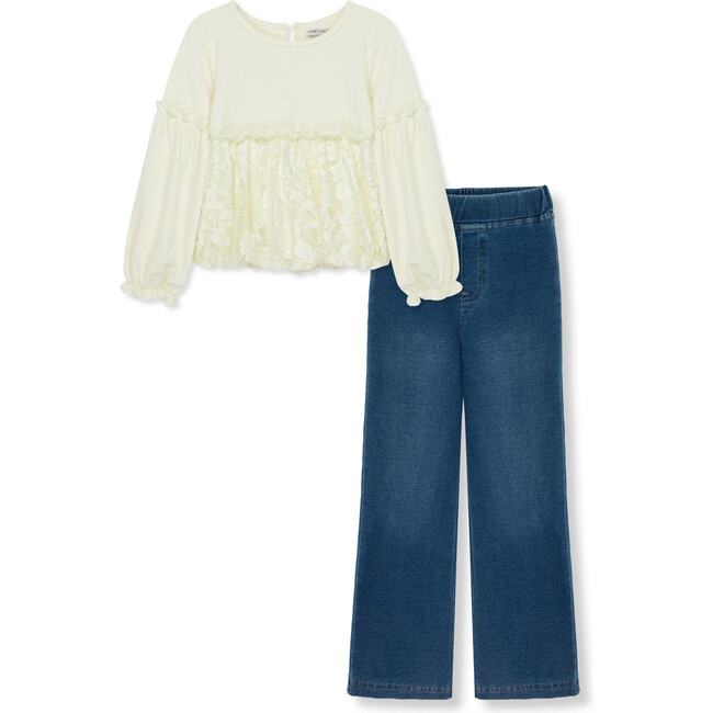 Lace Trim Top & Knit Denim Jeans 2-Piece Set, Off-White