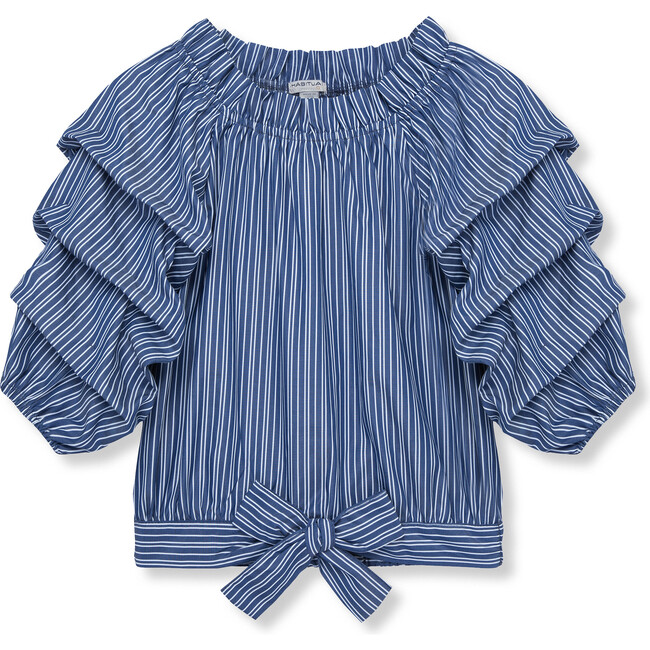 Joyce Elastic Neck Bow Front Gathered Top, Blue Stripe