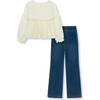 Lace Trim Top & Knit Denim Jeans 2-Piece Set, Off-White - Mixed Apparel Set - 2