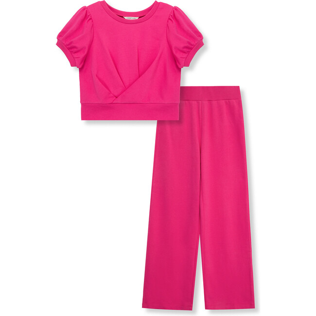 French Terry Twisted Front Top & Wide Fit Pant Set, Pink