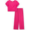 French Terry Twisted Front Top & Wide Fit Pant Set, Pink - Mixed Apparel Set - 1 - thumbnail