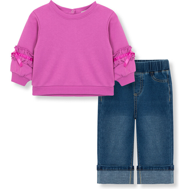 French Terry Knit Bow Top & Knit Denim Jeans 2-Piece Set, Pink