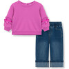 French Terry Knit Bow Top & Knit Denim Jeans 2-Piece Set, Pink - Mixed Apparel Set - 1 - thumbnail