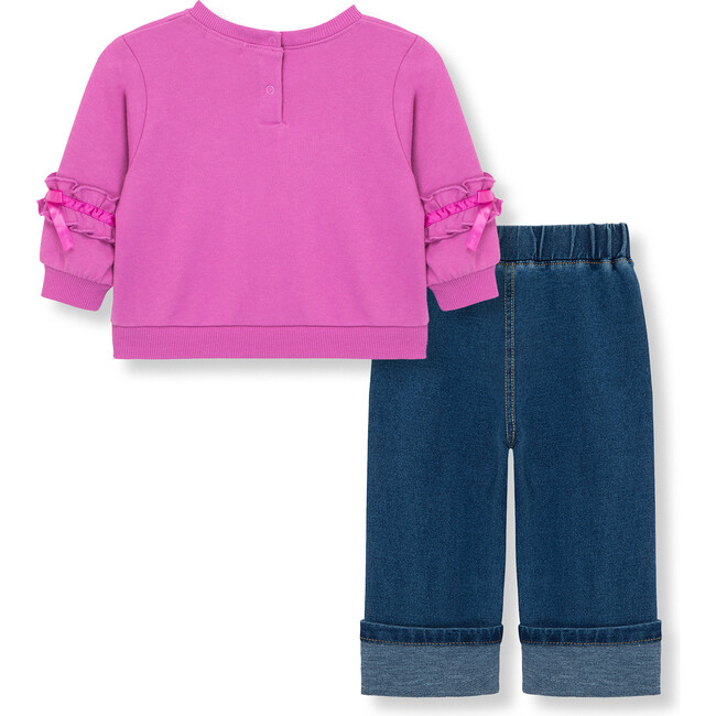 French Terry Knit Bow Top & Knit Denim Jeans 2-Piece Set, Pink - Mixed Apparel Set - 2